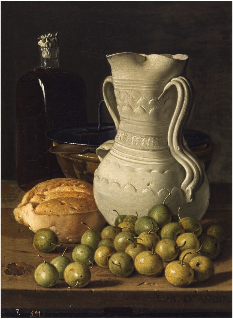 Bodegón con peritas, pan, alcarraza, cuenco y frasca. Meléndez. 1760.