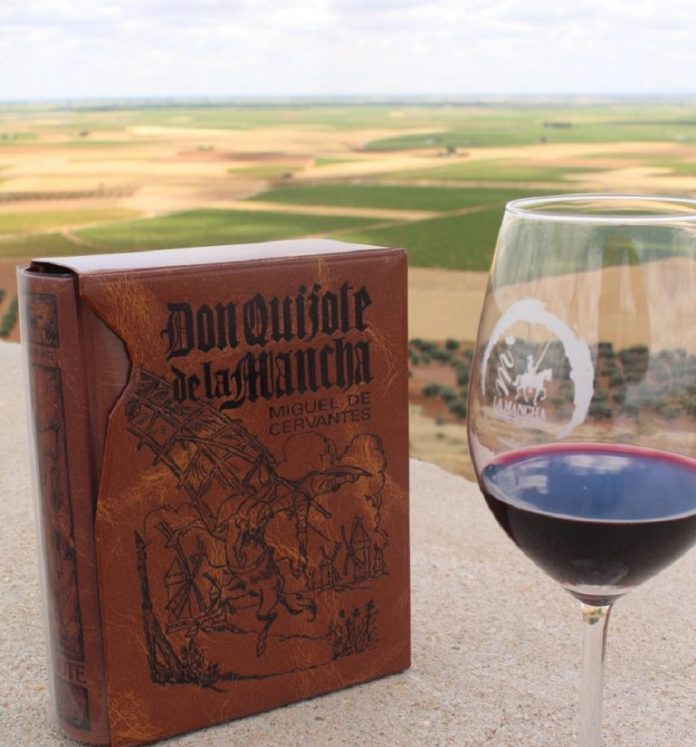 Copa de vino tinto y literatura en típico paisaje manchego