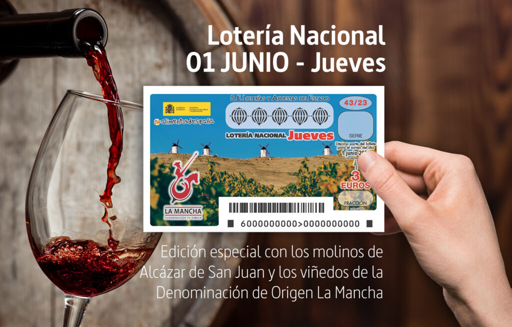 Décimo Lotería Nacional con imagen de los vinos de La Mancha